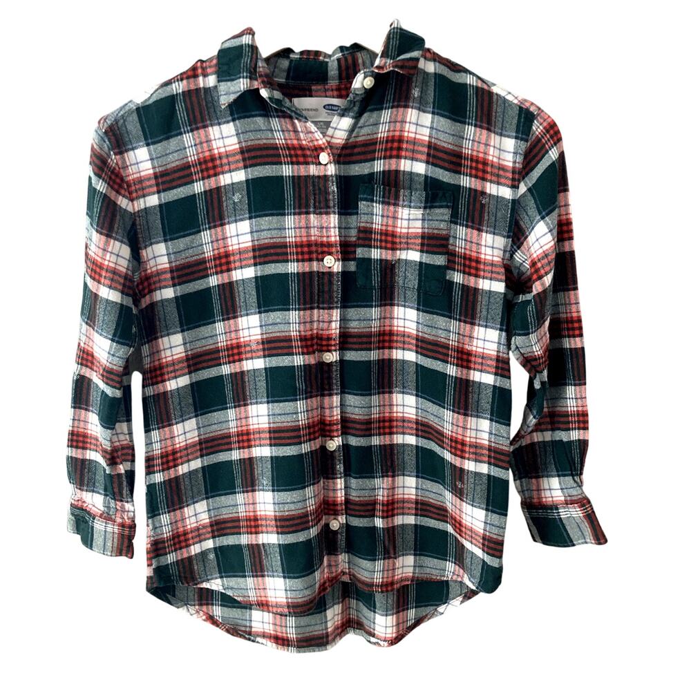Old Navy Boyfriend Tunic Button Front Shirt - White Green Red Plaid - L 10-12